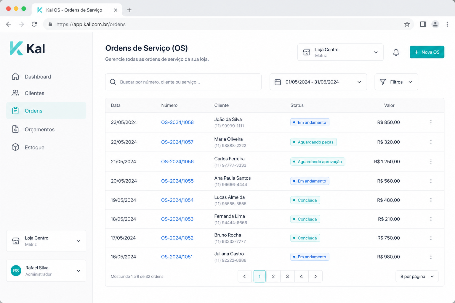 Tela do Kal com lista de ordens de serviço, menu lateral e status